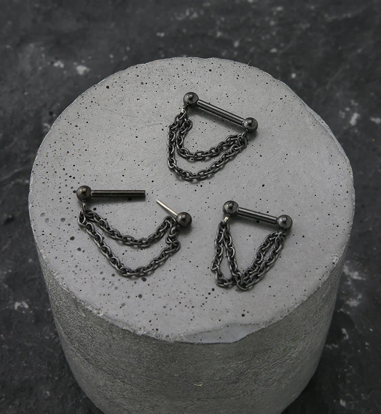 Black PVD Double Dangle Chain Threadless Titanium Barbells - Image 2