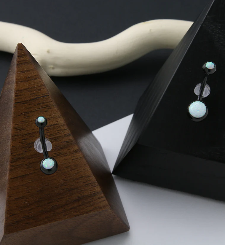 Black PVD Double White Opalite Titanium Belly Button Ring - Image 2