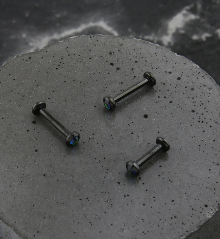 Black PVD Flat Bezel Black Aurora CZ Internally Threaded Titanium Labret - Image 2