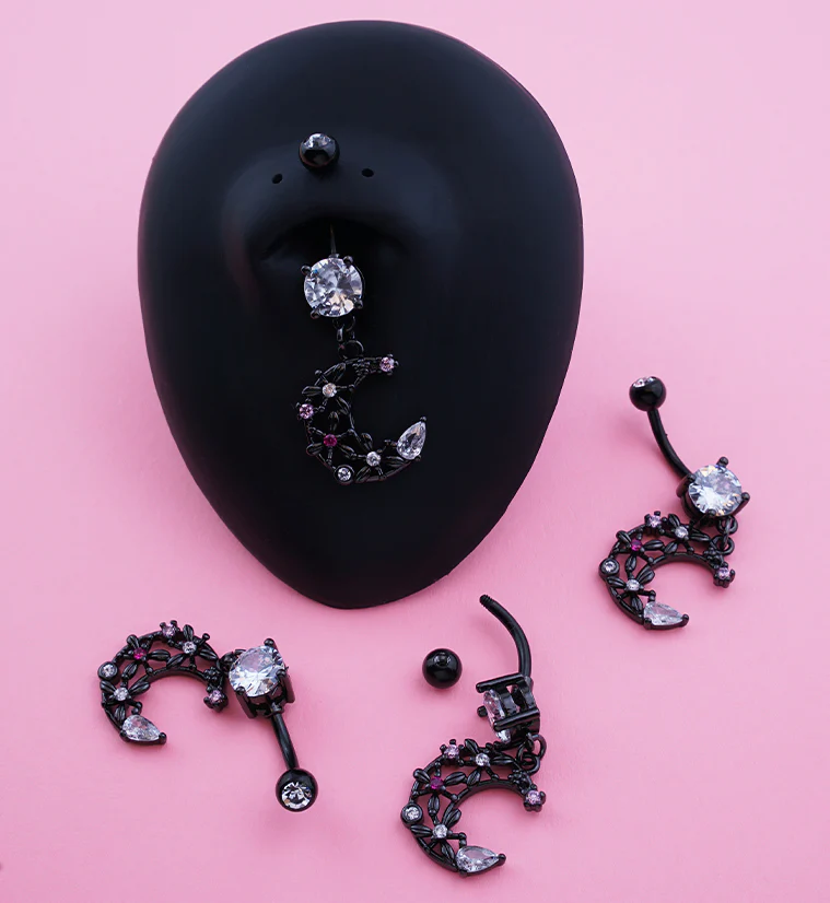 Black PVD Floral Moon CZ Stainless Steel Belly Button Ring - Image 2