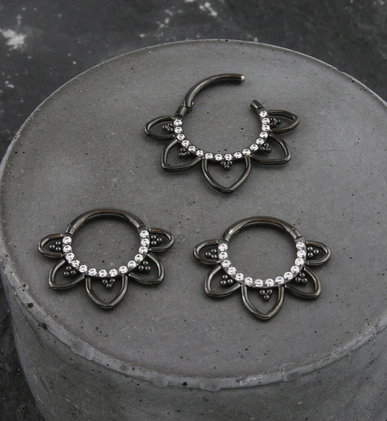 Black PVD Flower Trace Clear CZ Titanium Hinged Segment Ring - Image 2