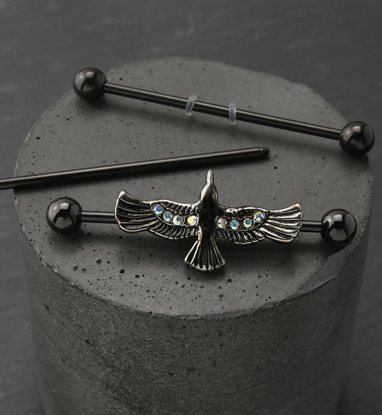 Black PVD Flying Raven Rainbow Aurora CZ Industrial Barbell - Image 2