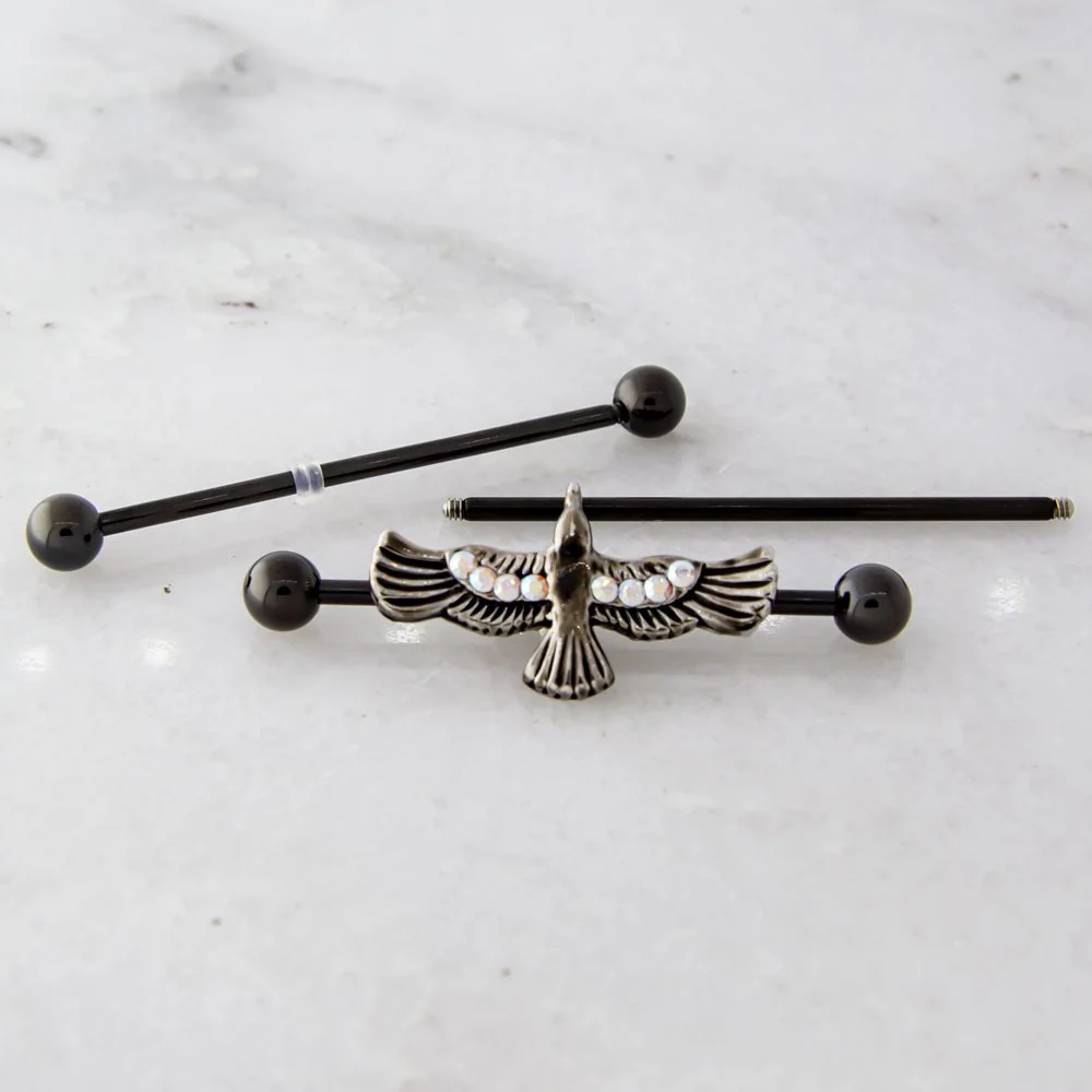 Black PVD Flying Raven Rainbow Aurora CZ Industrial Barbell - Image 3
