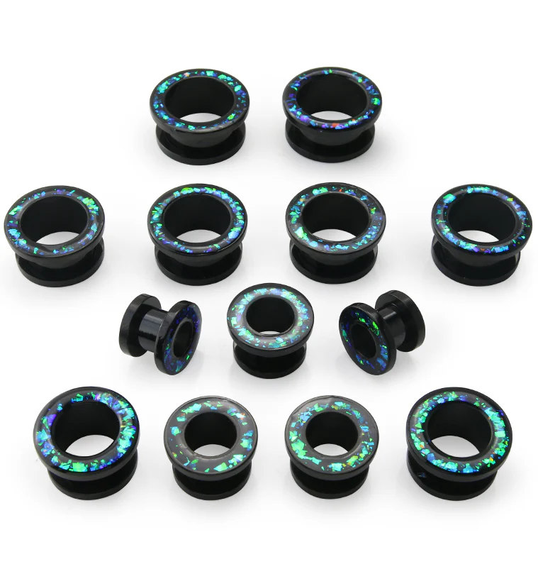 Black PVD Glitter Green Opalite Stainless Steel Screw Back Tunnels - Image 2
