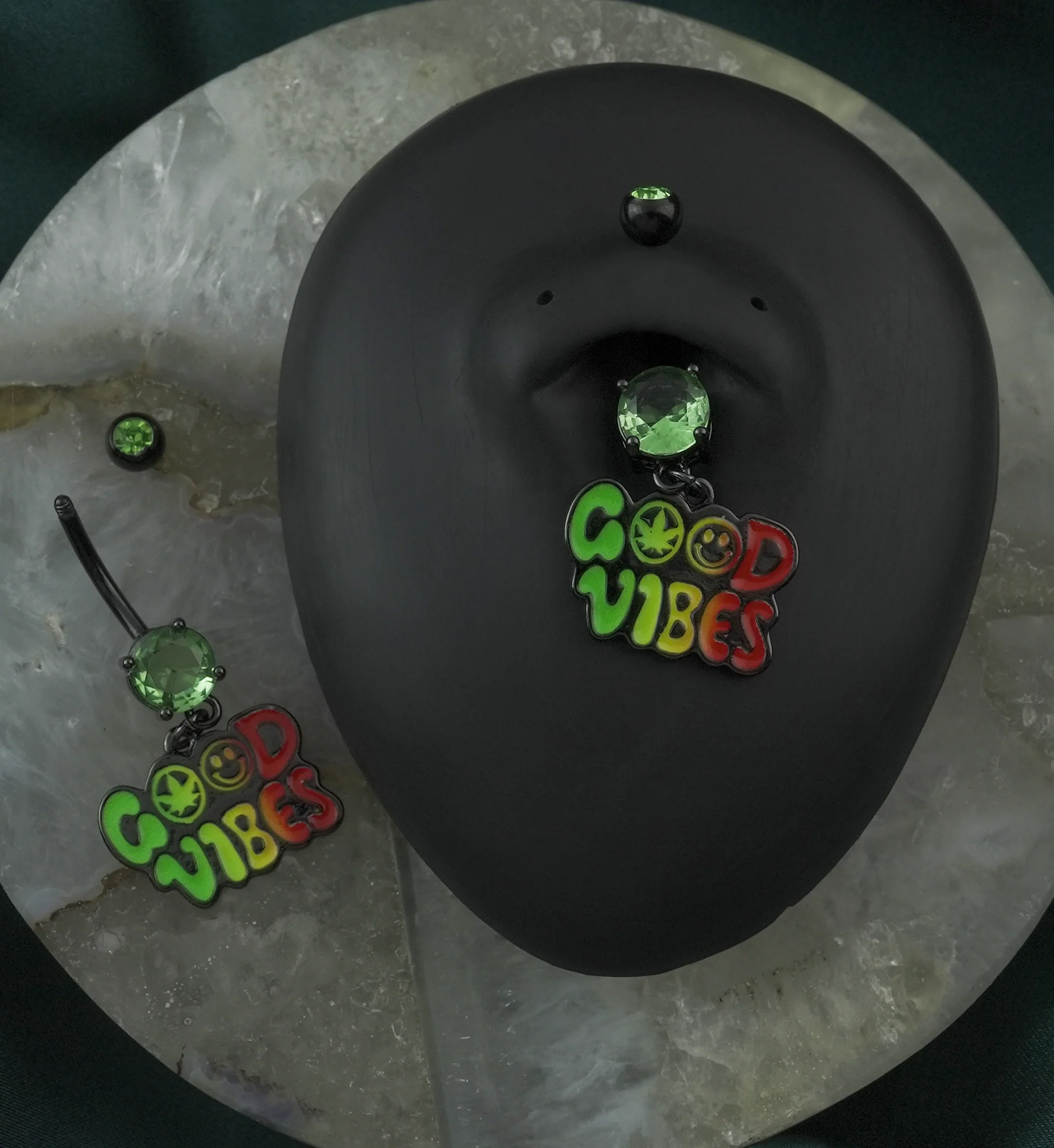 Black PVD Good Vibes Green CZ Stainless Steel Belly Button Ring