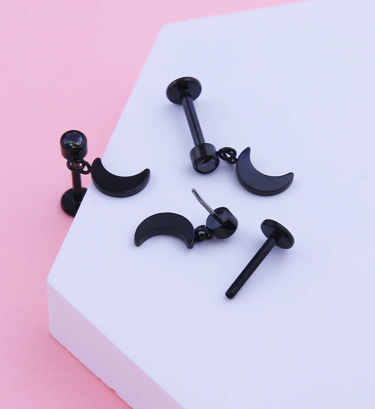 Black PVD Half Moon Dangle Black Aurora CZ Titanium Threadless Labret - Image 2