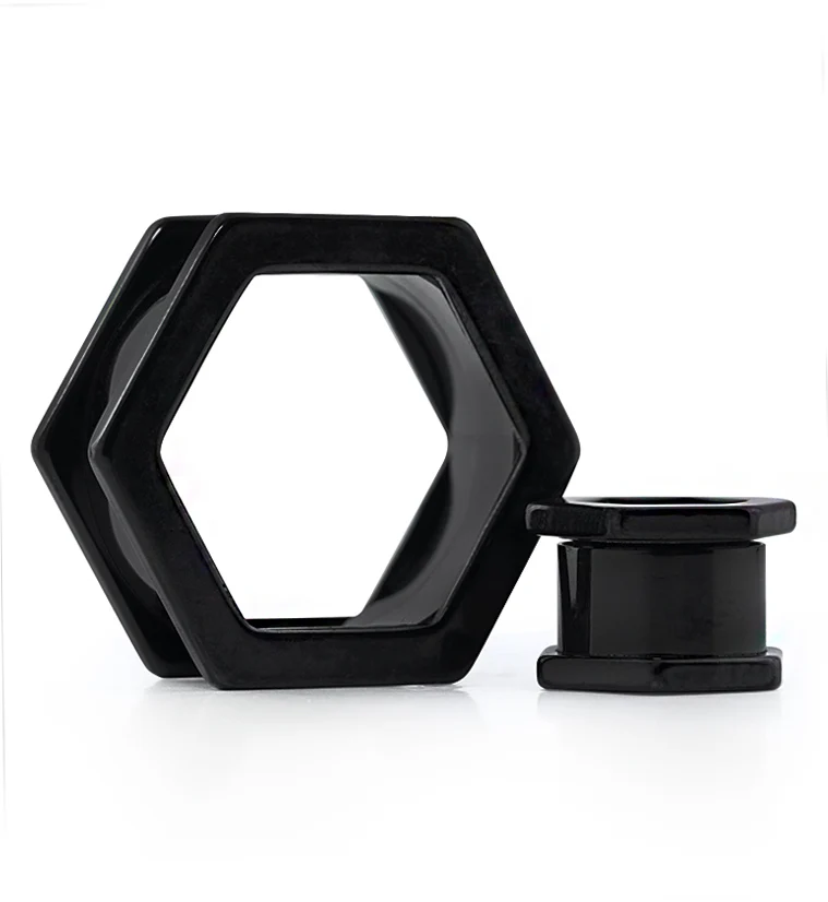 Black PVD Hexagon Stainless Steel Screw Back Tunnel Plugs