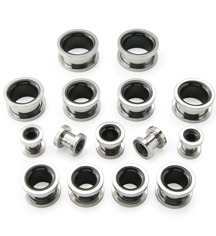 Black PVD Inlay Stainless Steel Tunnel Plugs - Image 2