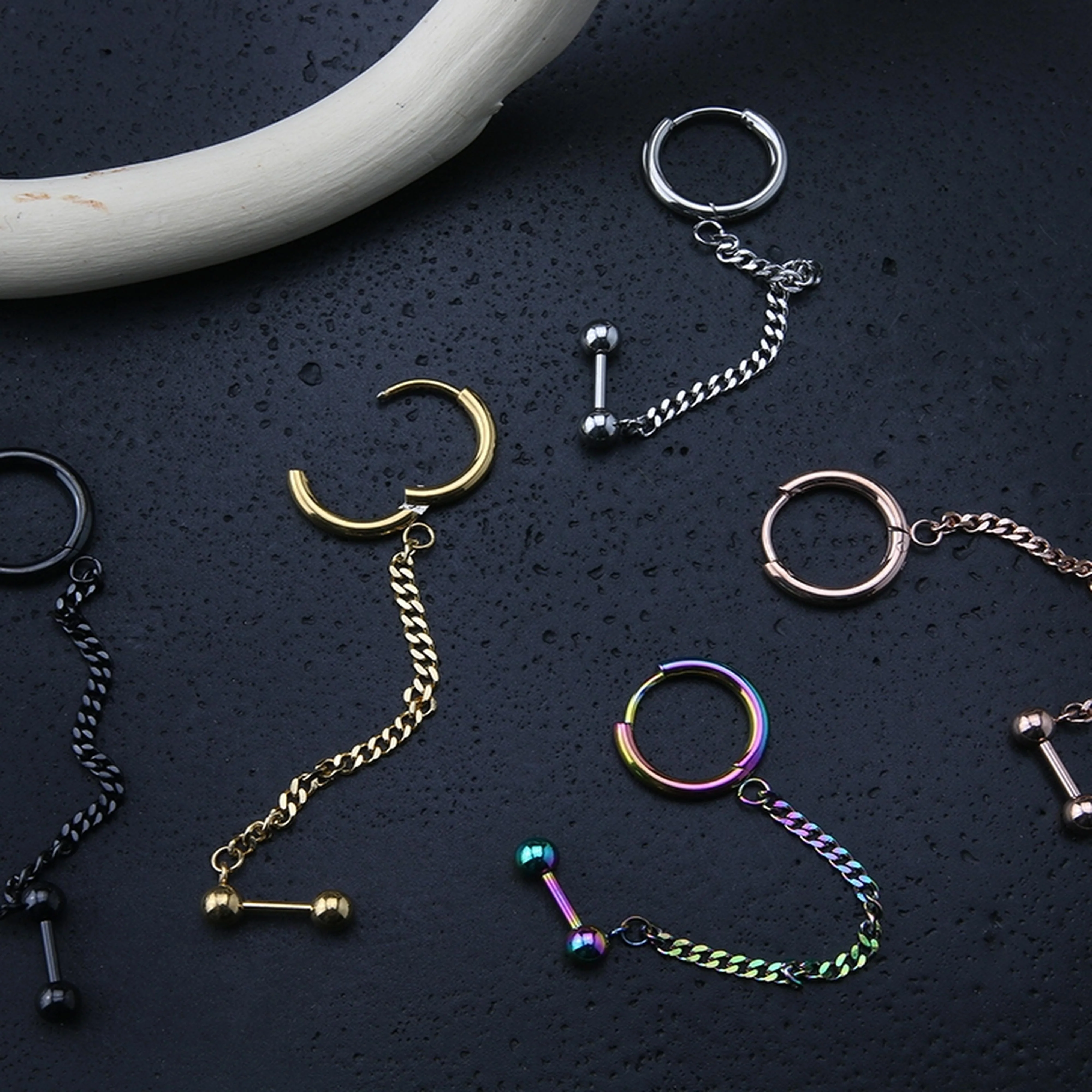 Black PVD Linked Hinged Hoop Ring & Cartilage Barbell - Image 2
