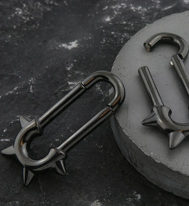 Black PVD Deep Spike Stainless Steel Hinged Ear Weights - Image 2