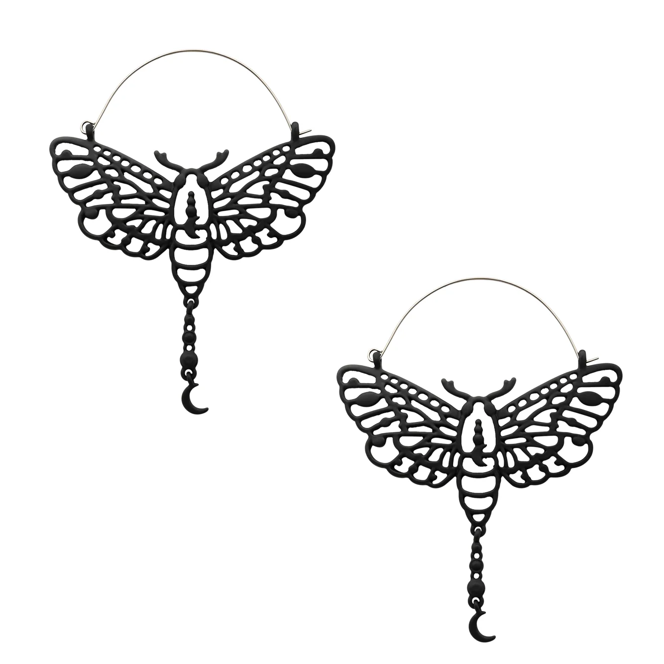 Black Luna Moth Dangle Moon Stainless Steel Plug Hoops