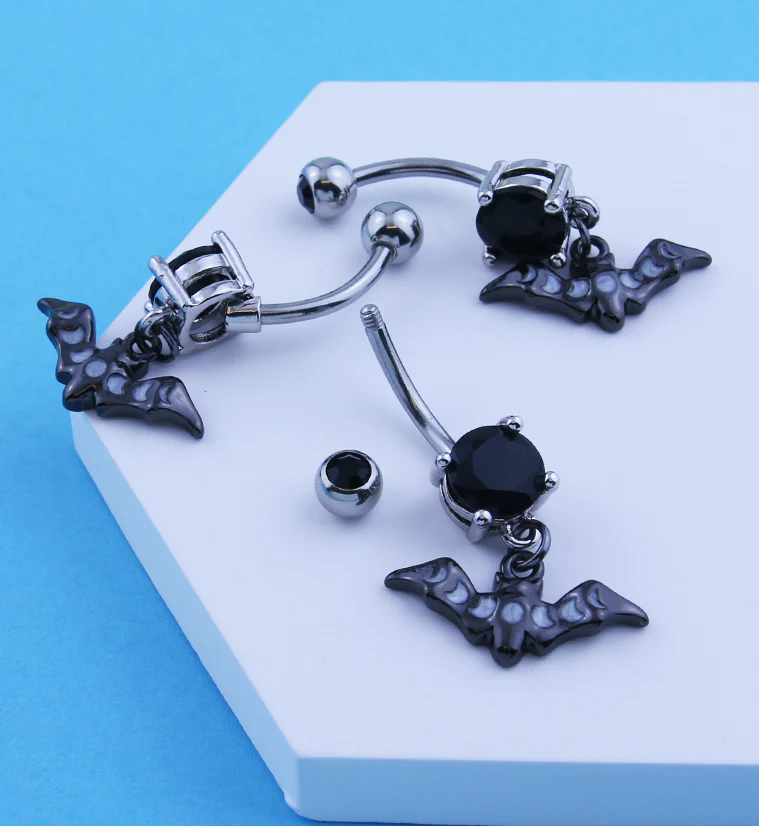 Black PVD Moon Phase Bat Dangle Stainless Steel Belly Button Ring - Image 2