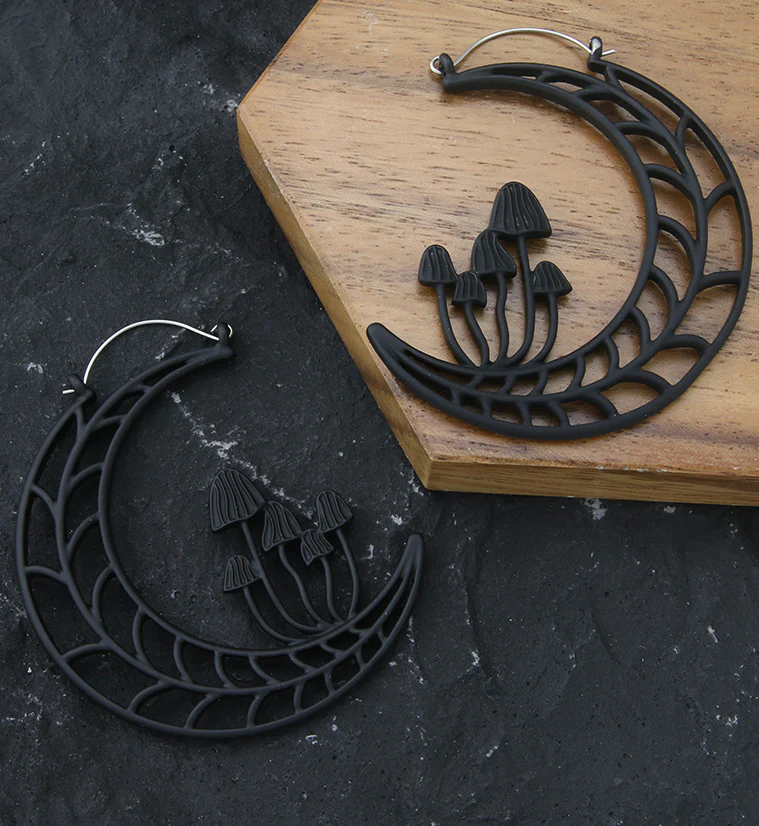 Black PVD Mushroom Half Moon Stainless Steel Plug Hoops - Image 2