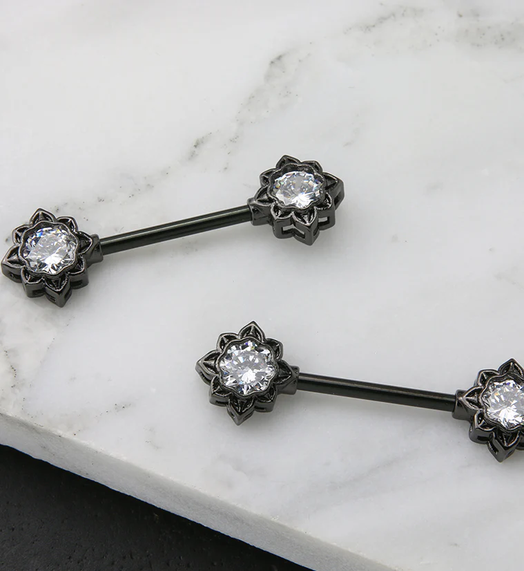 Black PVD Octagram CZ Stainless Steel Nipple Barbell - Image 2