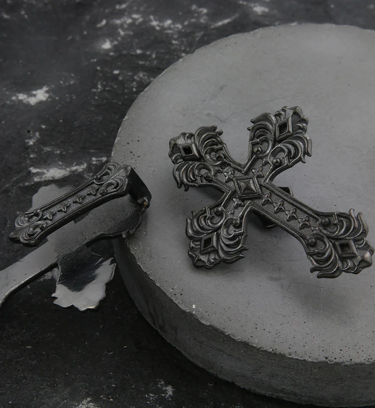 Black PVD Ornate Cross Stainless Steel Ear Weights - Image 2