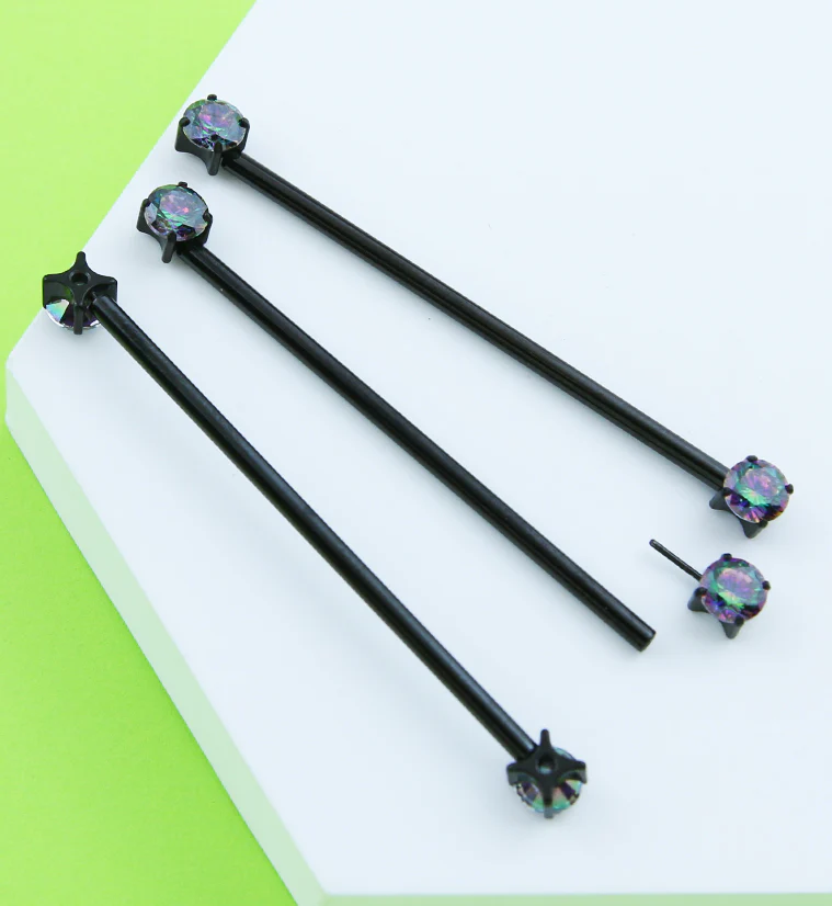 Black PVD Prong Black Aurora CZ Threadless Titanium Industrial Barbell - Image 2