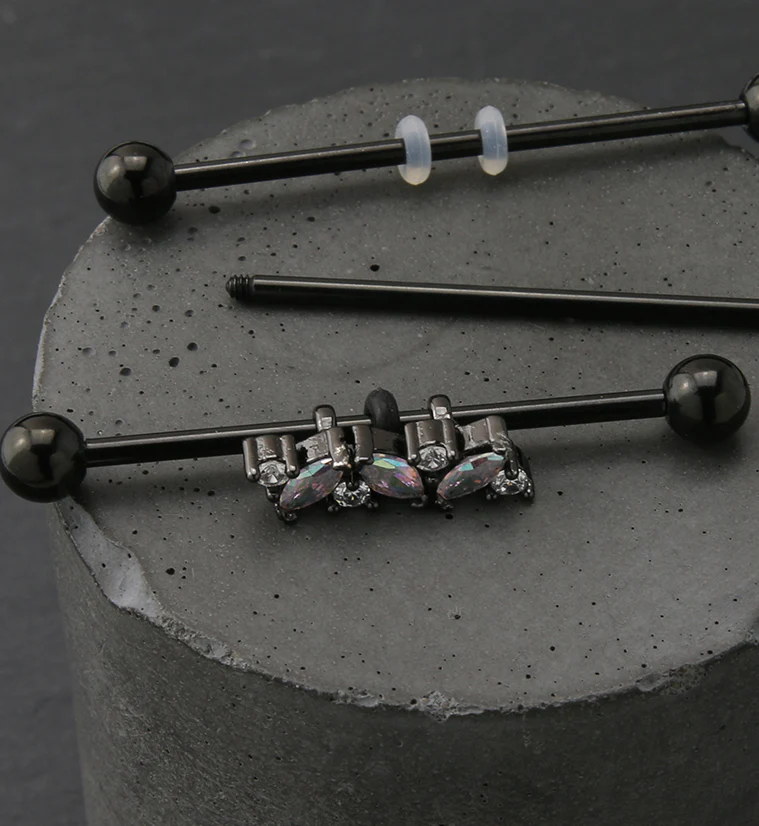 Black PVD Rainbow Aurora And Clear CZ Industrial Barbell - Image 2