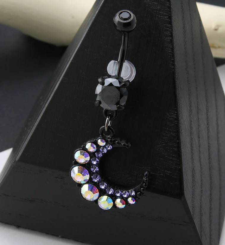 Black PVD Rainbow Aurora CZ Crescent Belly Button Ring - Image 2