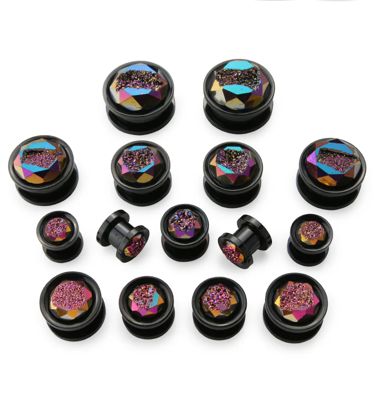 Black PVD Rainbow Druzy Stone Stainless Steel Screw Back Tunnels - Image 2