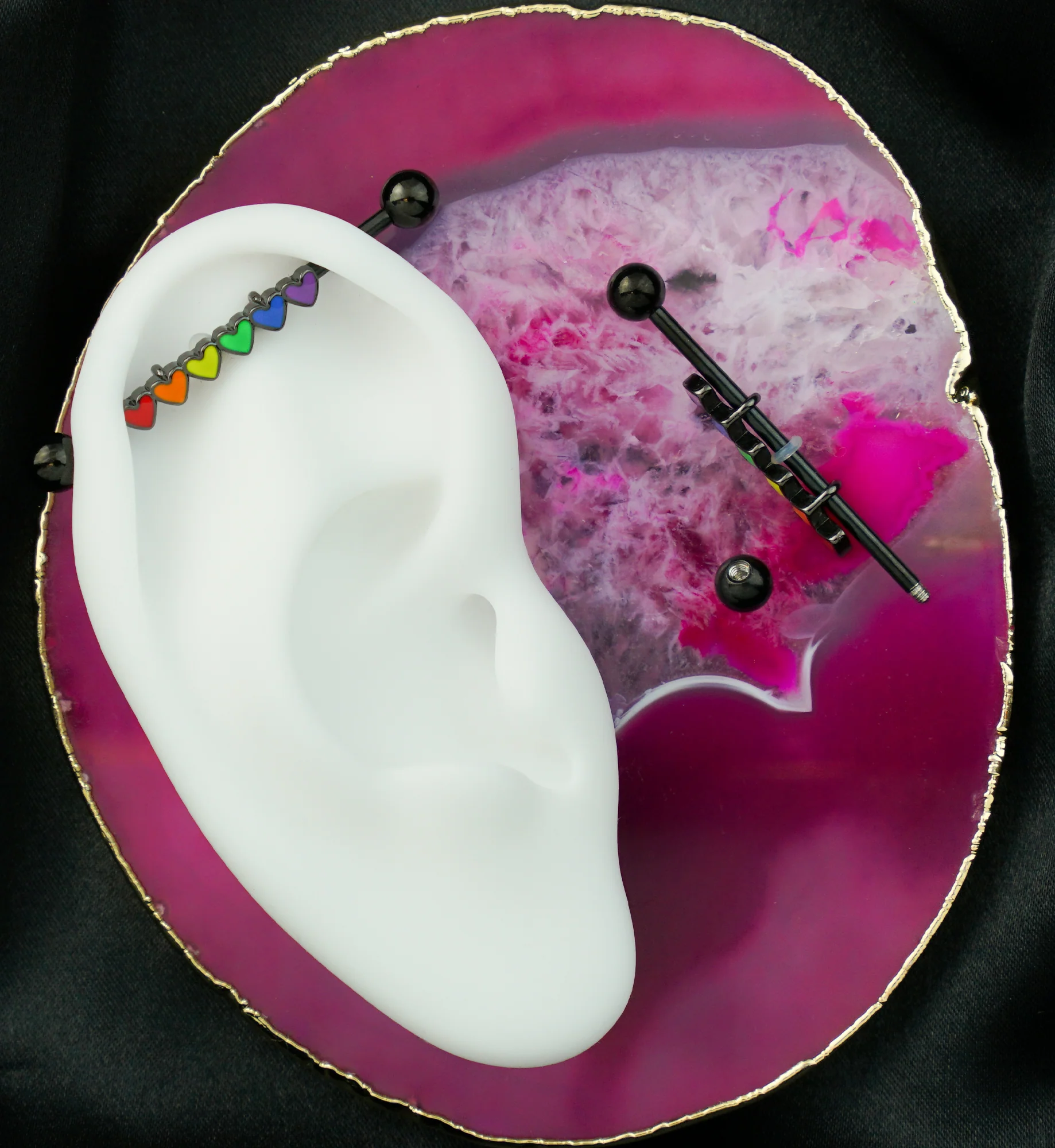 Black PVD Rainbow Hearts Industrial Barbell - Image 2