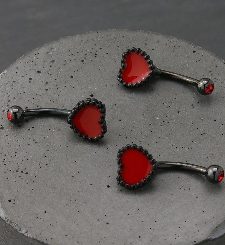 Black PVD Red Beaded Heart Red CZ Curved Barbell - Image 2