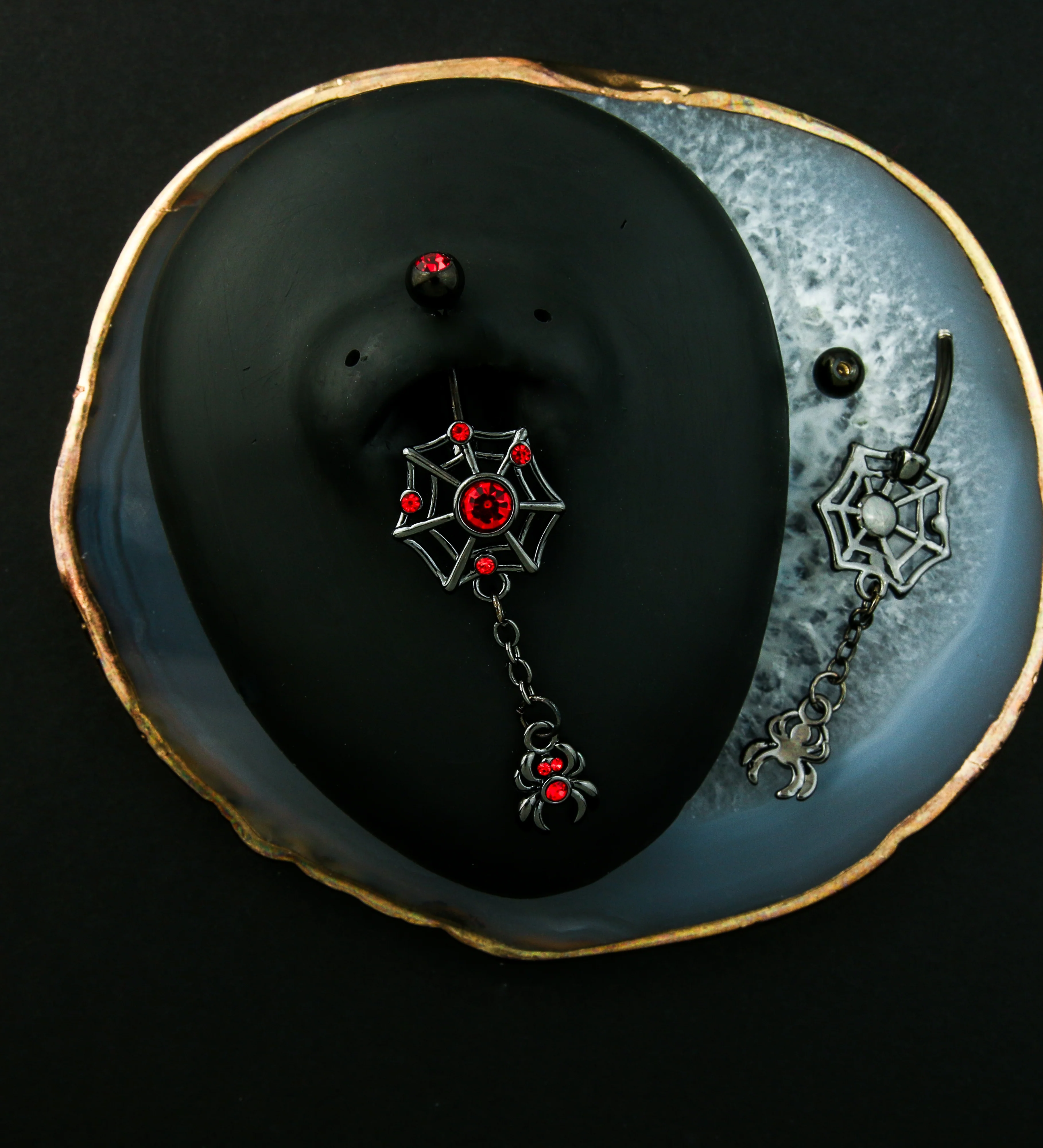 Black PVD Spiderweb Dangle Spider Red CZ Stainless Steel Belly Button Ring - Image 2