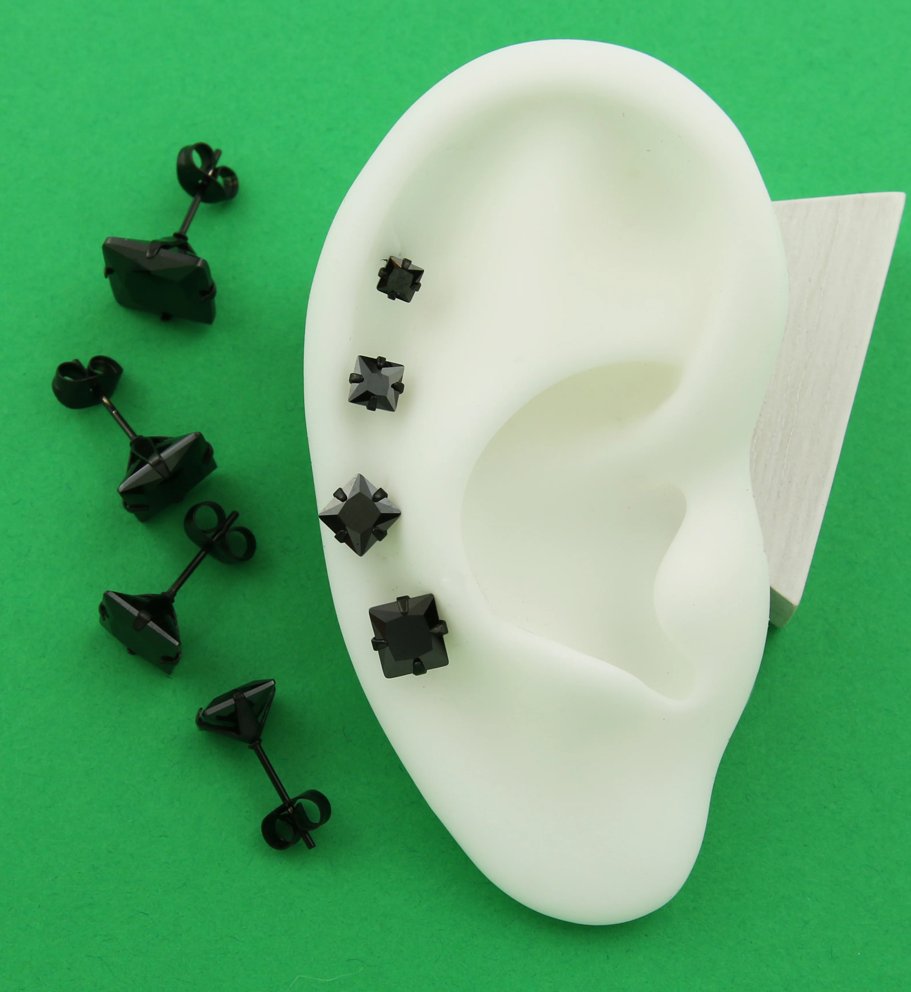 Black PVD Square Black CZ Stainless Steel Stud Earrings - Image 2