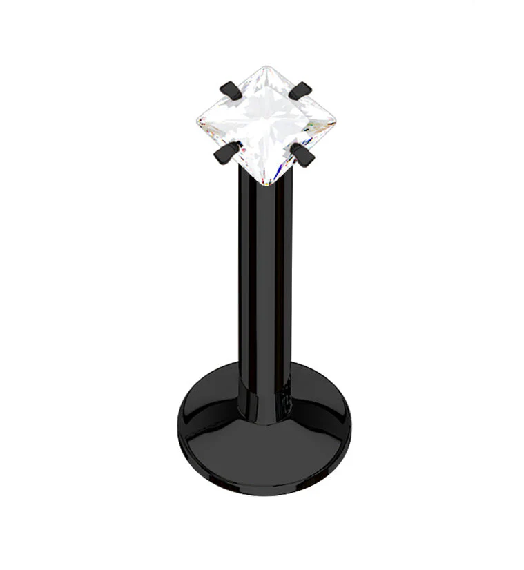 Black PVD Square CZ Prong Internally Threaded Labret