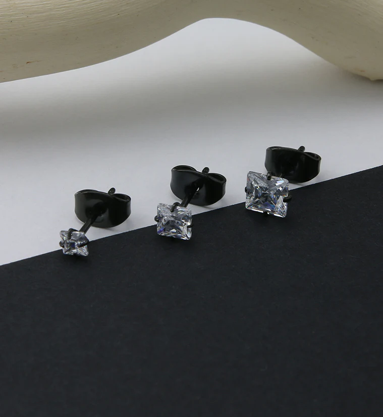 Black PVD Square Prong CZ Titanium Earrings - Image 2