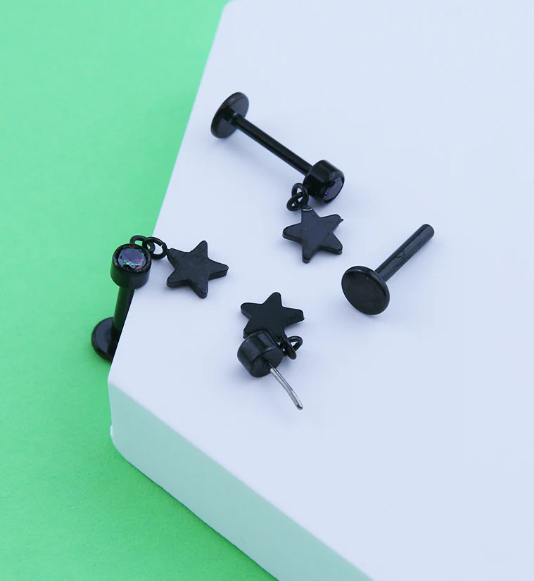 Black PVD Star Dangle Black Aurora CZ Titanium Threadless Labret - Image 2