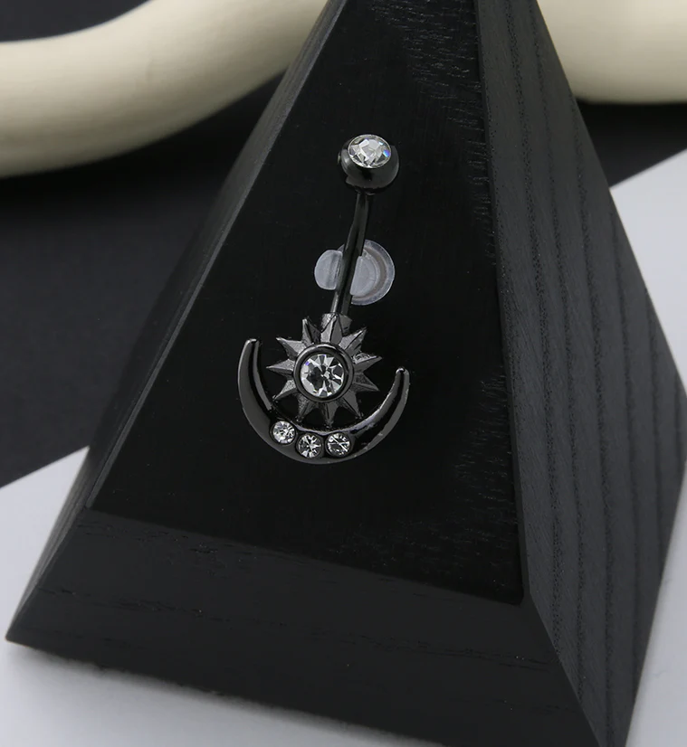 Black PVD Sun And Moon CZ Belly Button Ring - Image 2