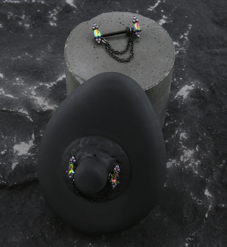Black PVD Teardrop Black Aurora And Purple CZ Dangle Chain Stainless Steel Nipple Barbell - Image 2