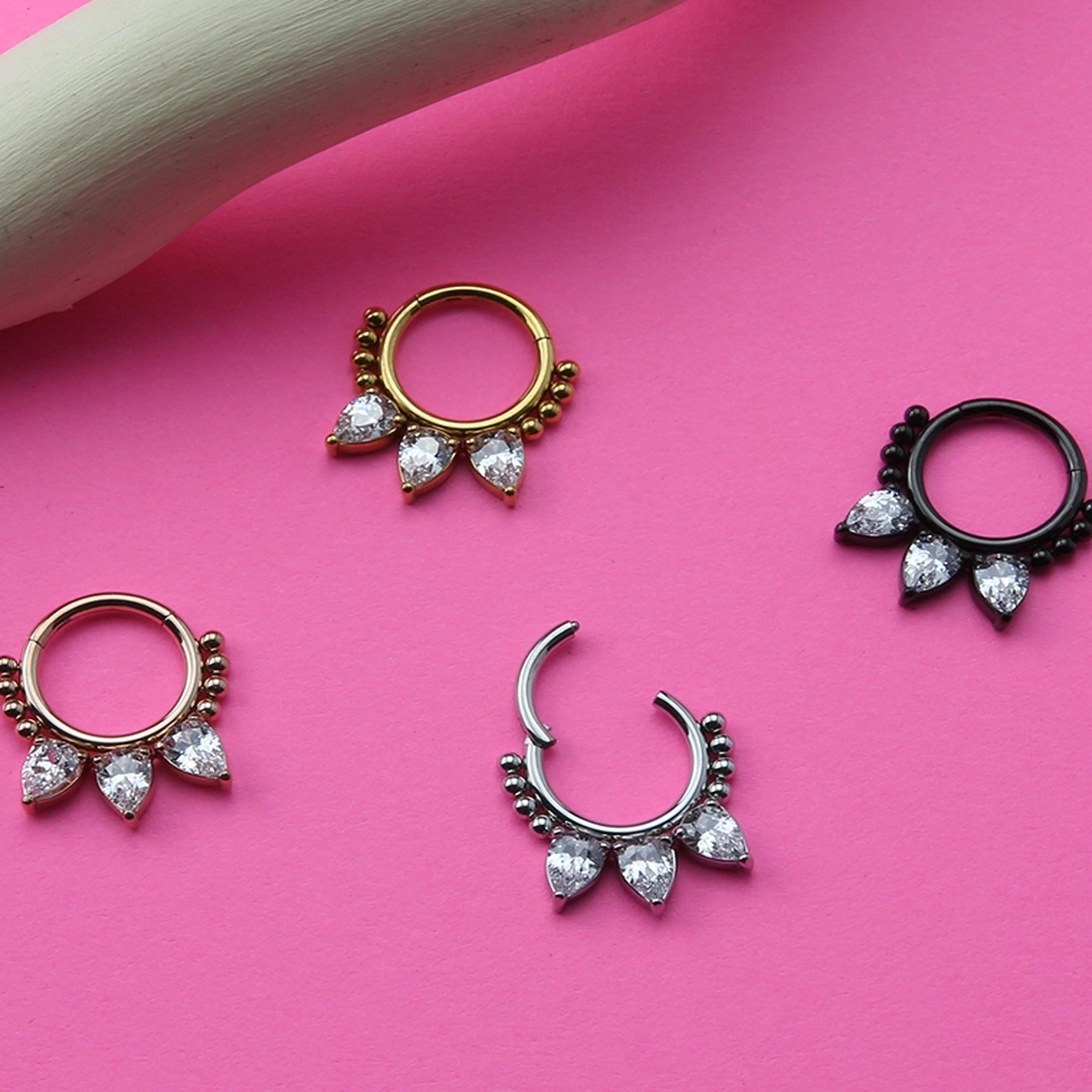 Black PVD Teardrop CZ Bead Hinged Segment Ring - Image 2