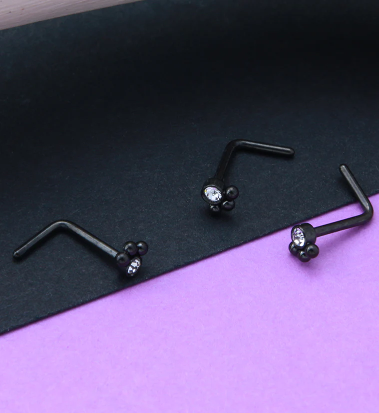 Black PVD Triple Beaded Clear CZ L Bend Nose Stud - Image 2