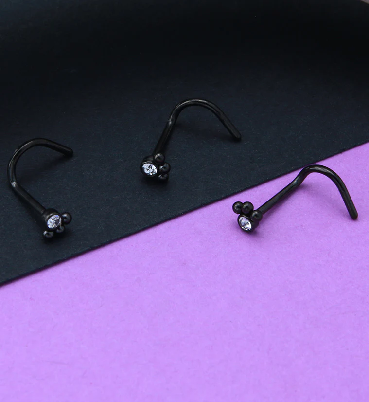 Black PVD Triple Beaded Clear CZ Nose Screw Ring - Image 2
