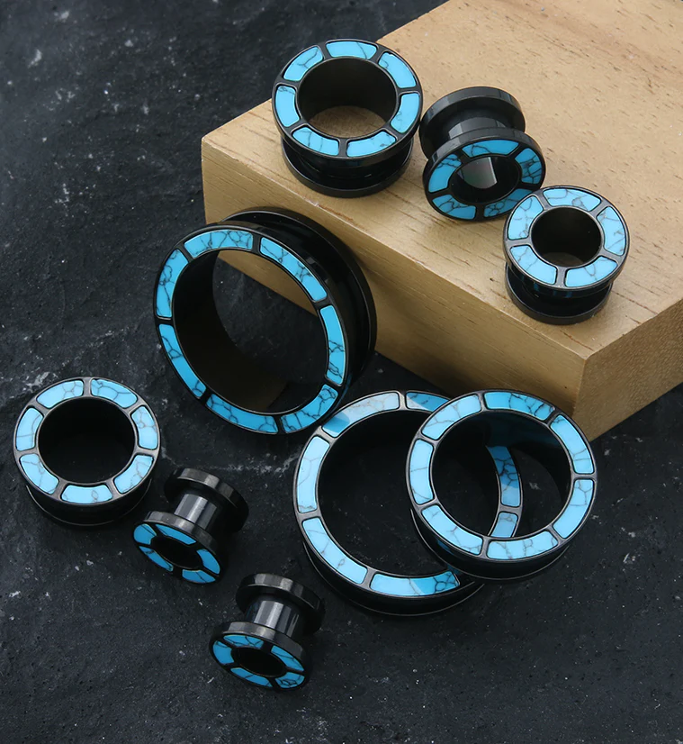 Black PVD Howlite Turquoise Rim Stainless Steel Tunnel Plugs - Image 2