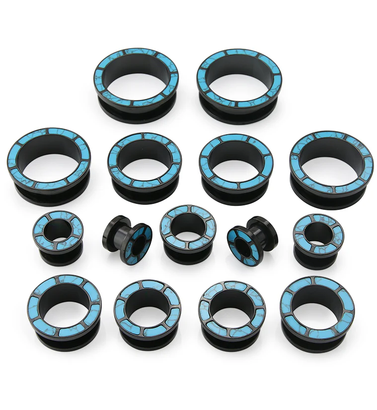 Black PVD Howlite Turquoise Rim Stainless Steel Tunnel Plugs - Image 3