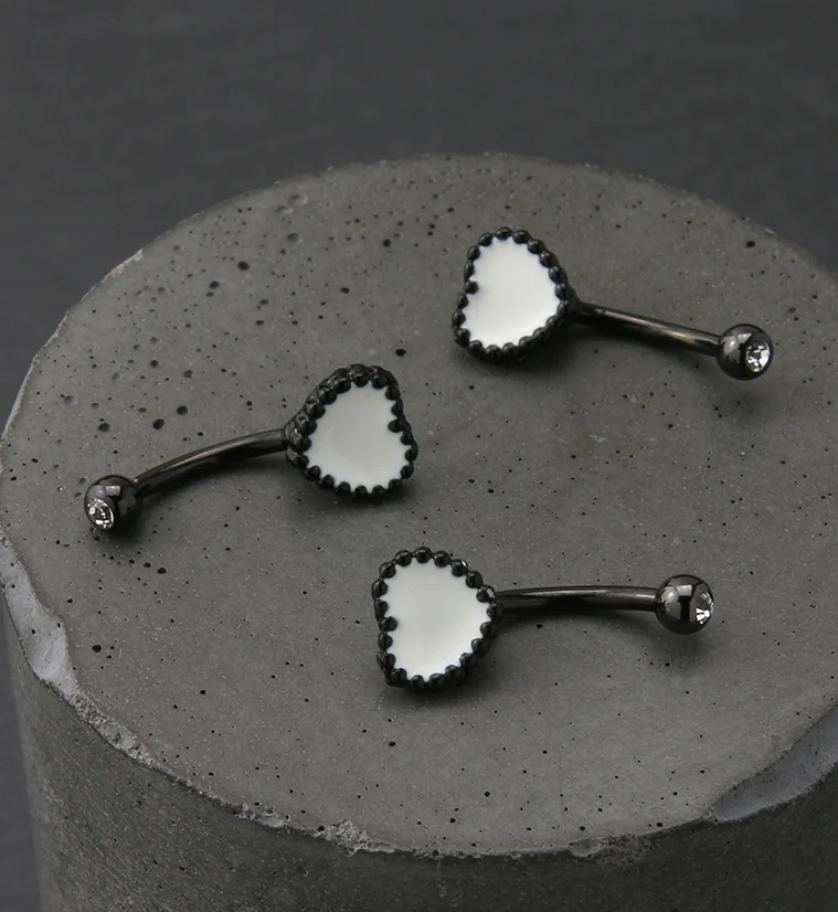 Black PVD White Beaded Heart Clear CZ Curved Barbell - Image 2