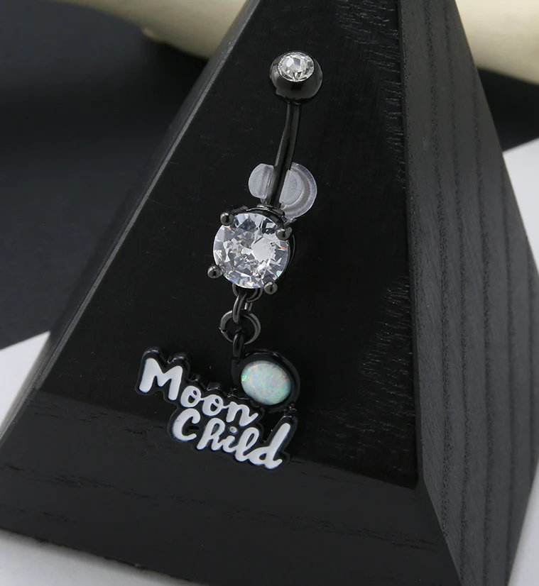 Black PVD White Opalite Moon Child Belly Button Ring - Image 2