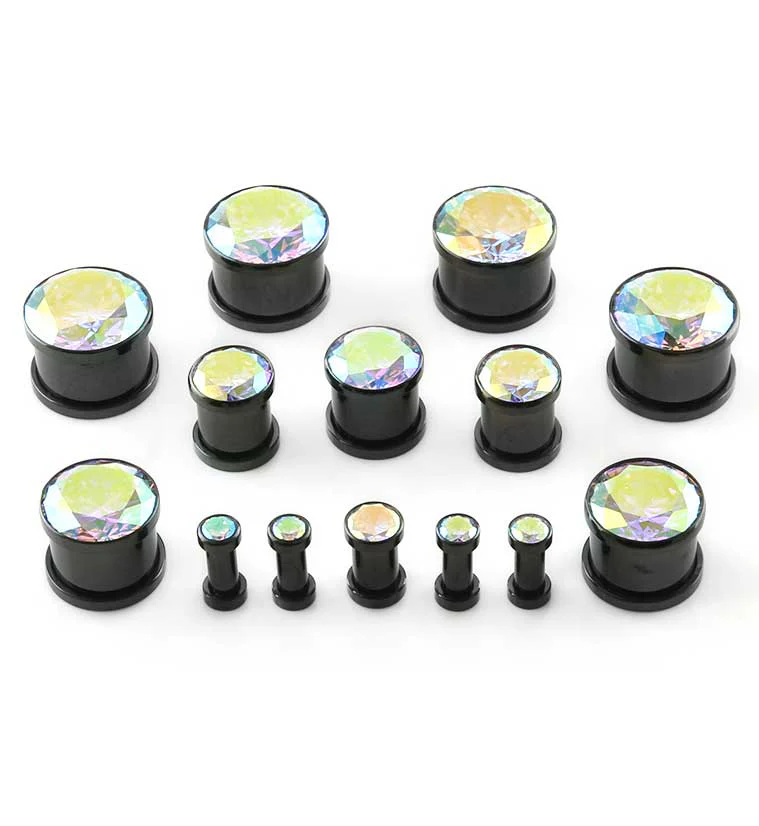 Black Rainbow Aurora Gem Stainless Steel Plugs - Image 2