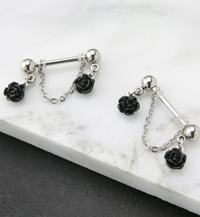 Black Rose Dangle Chain Stainless Steel Nipple Barbell - Image 2