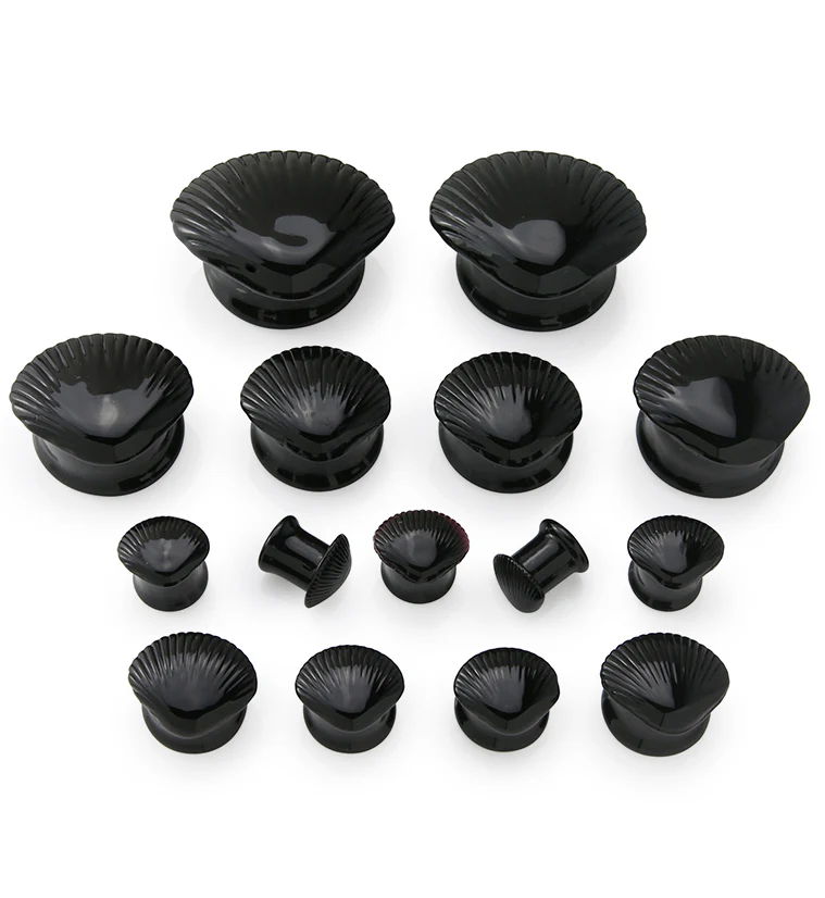 Black Seashell Glass Double Flare Plugs - Image 3