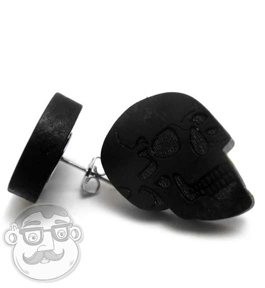 Black Skull Wooden Stud Earrings