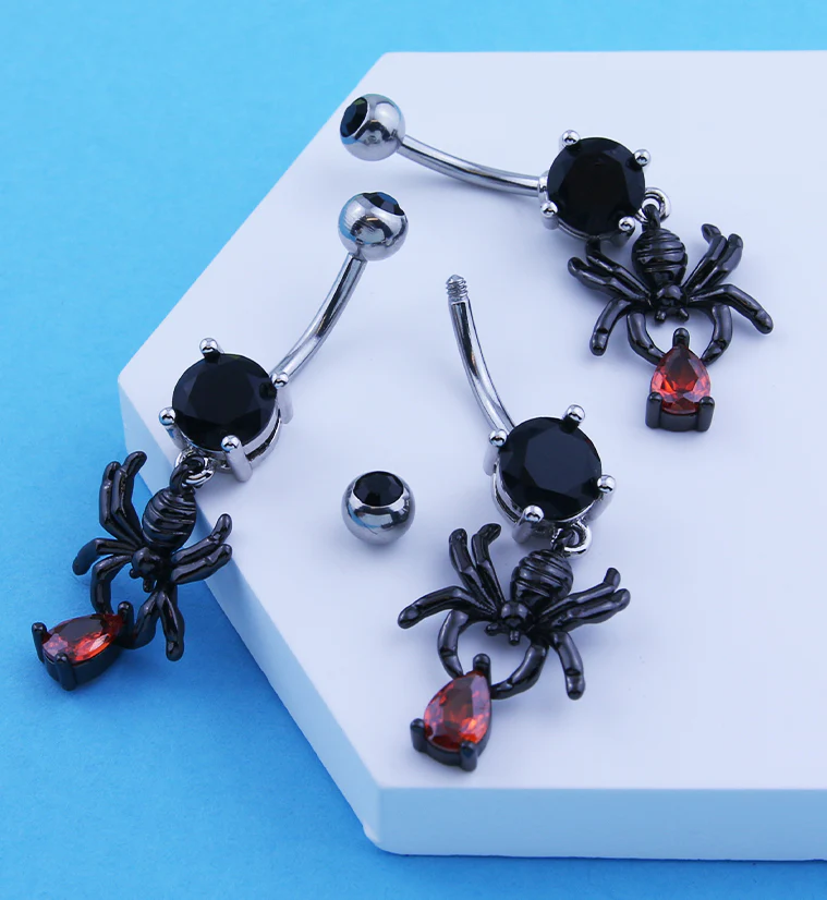 Black PVD Spider Dangle Teardrop Red CZ Stainless Steel Belly Button Ring - Image 2