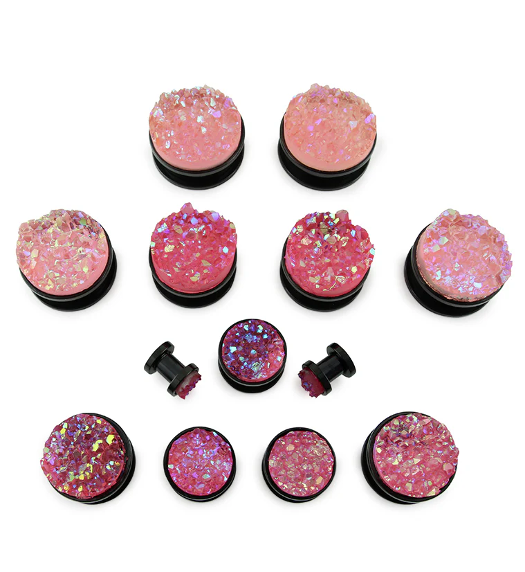 Black PVD Stainless Steel Plugs With Coral Pink Druzy Inlay - Image 2