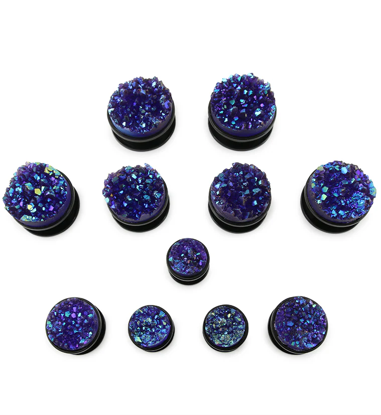 Black Steel Plugs With Purple Druzy Stone Inlay - Image 2