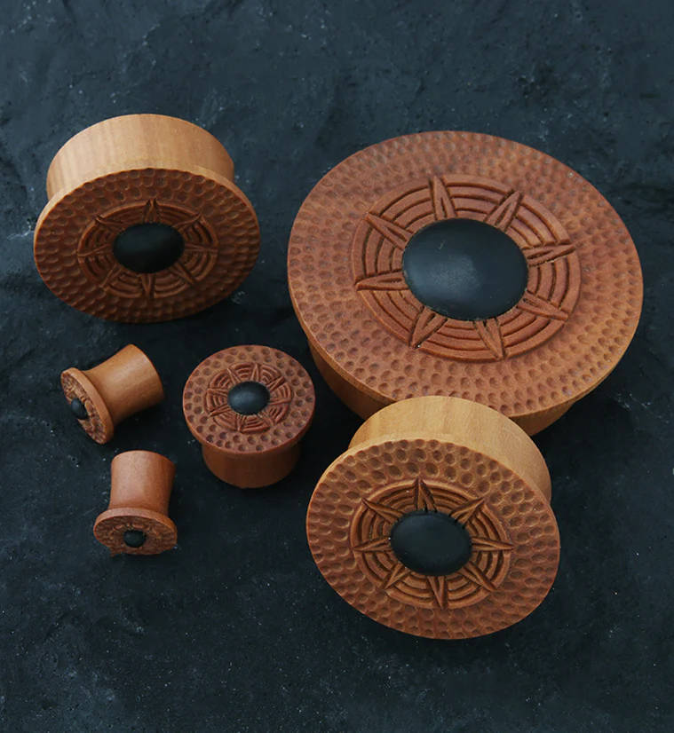 Black Sun Hammered Saba Wood Mayan Flare Plugs - Image 2
