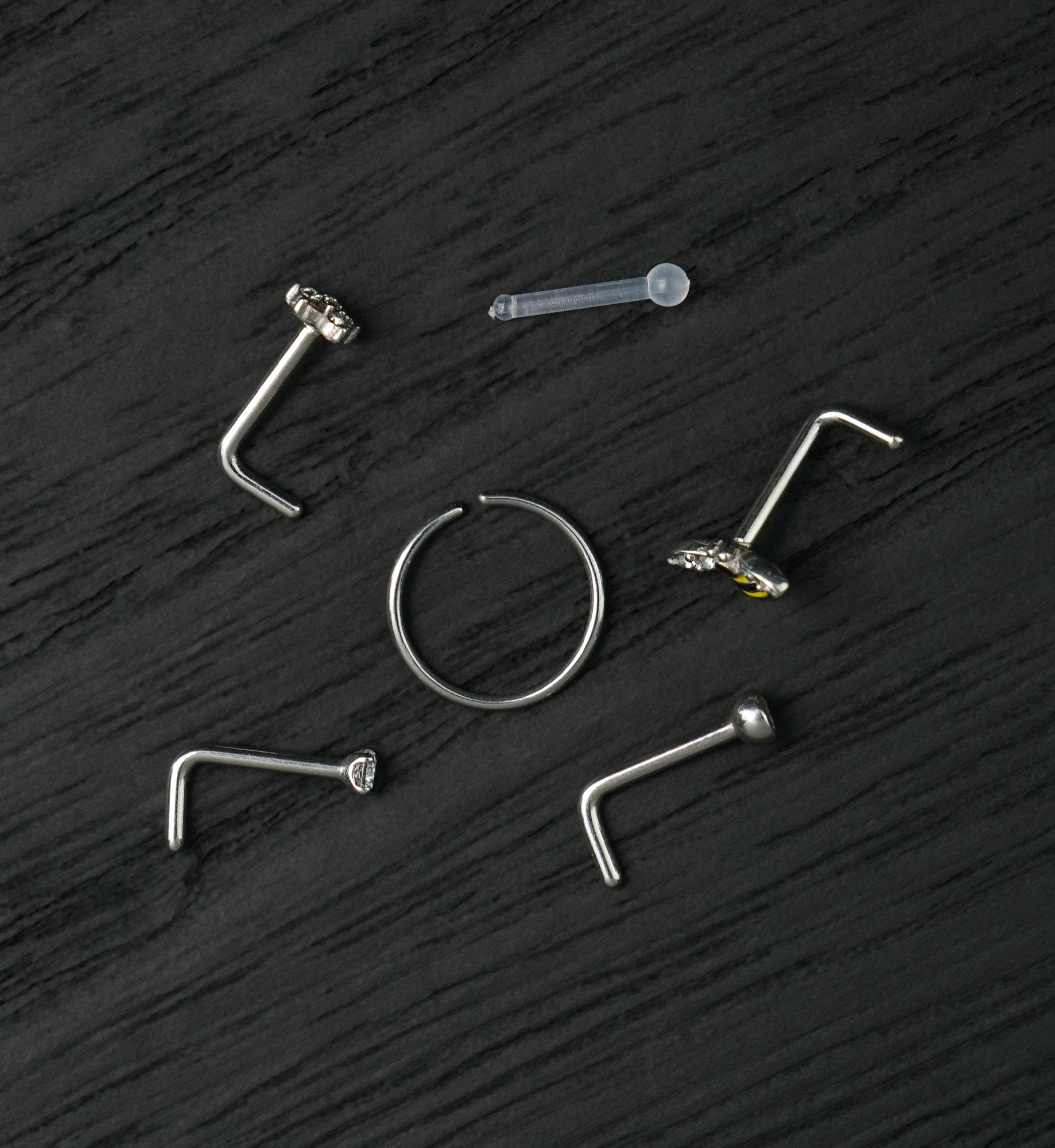 Blossom Clear CZ Stainless Steel L Bend/Stud/Hoop Variety Nose Ring Pack (6 Pc)