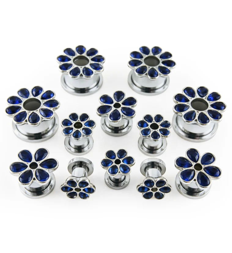 Blue CZ Flower Petal Stainless Steel Tunnels - Image 2