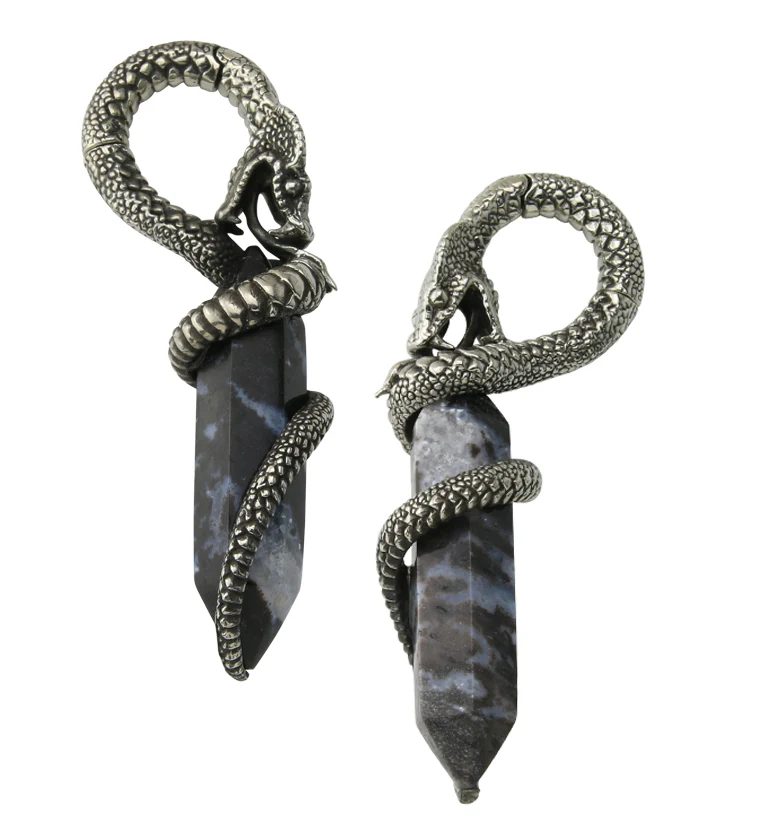 Blue Flame Petrified Palm Root Cobra White Brass Hinged Ear Weights - Image 2